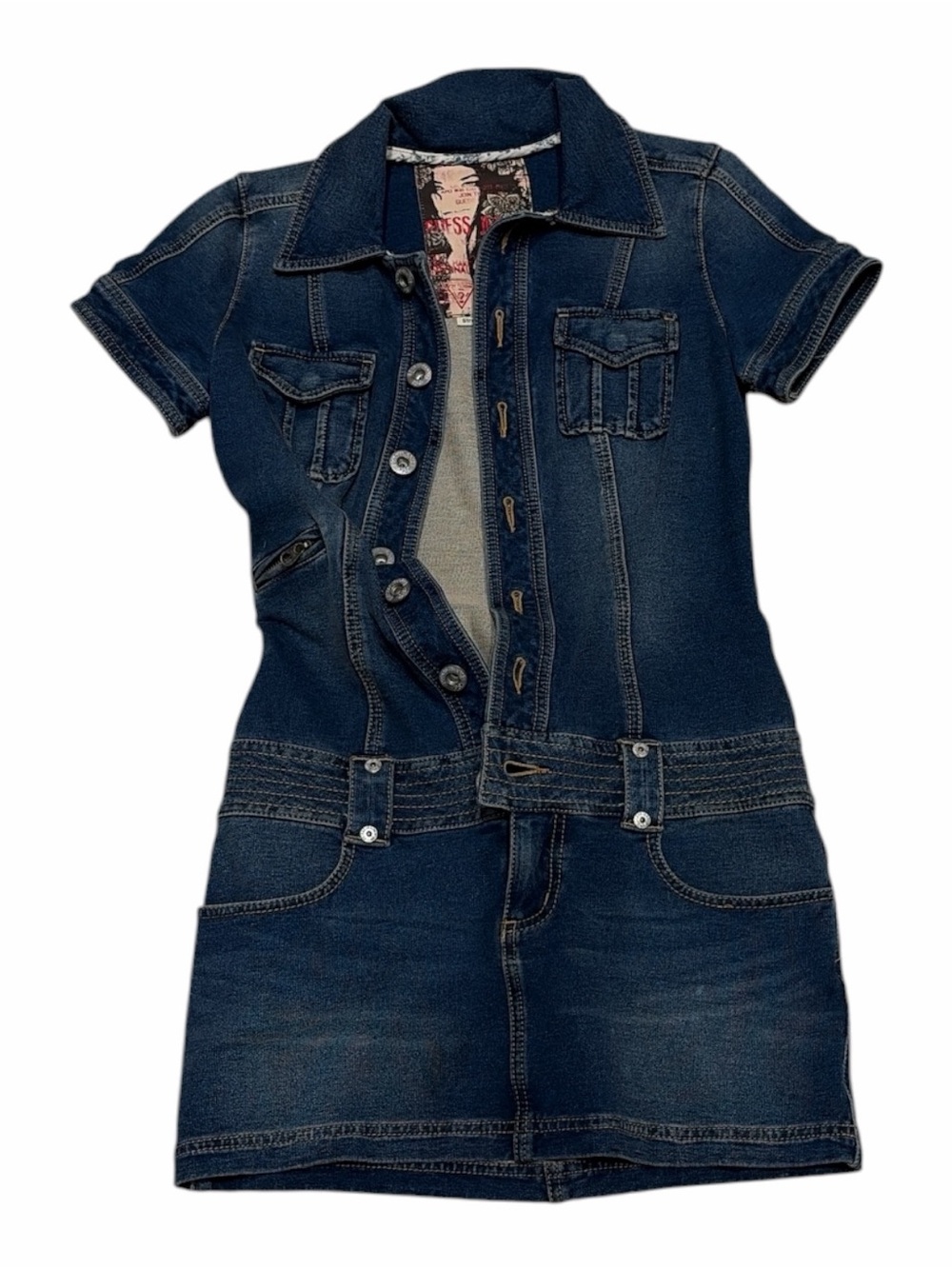 Guess Dark Blue Short-Sleeve Denim Mini Dress